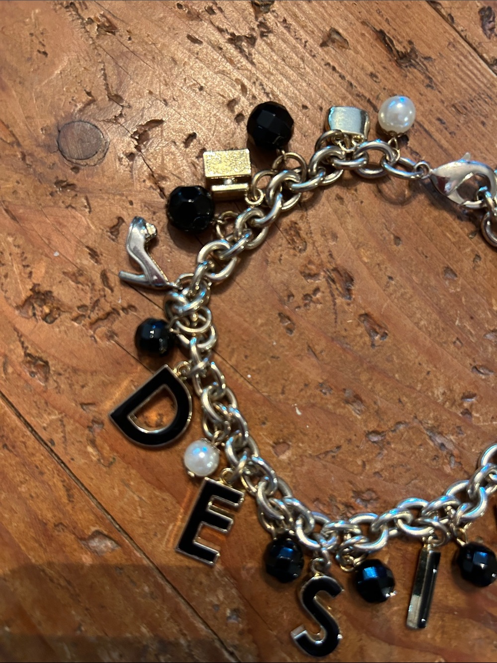 DOLCE & GABBANA Gold Charm Bracelet with Black Letter & Bead Accents - 'DESIRE' - Picture 2 of 4